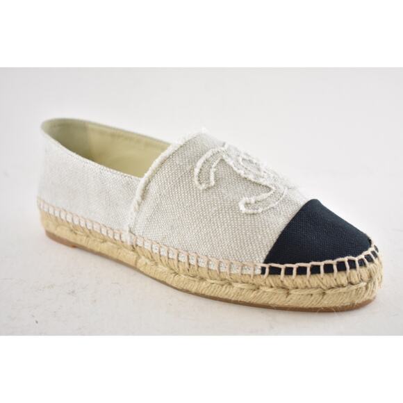Chanel REV Beige Black Linen Canvas CC Logo Double Sole Espadrille Flat 37 RARE - Picture 3 of 12